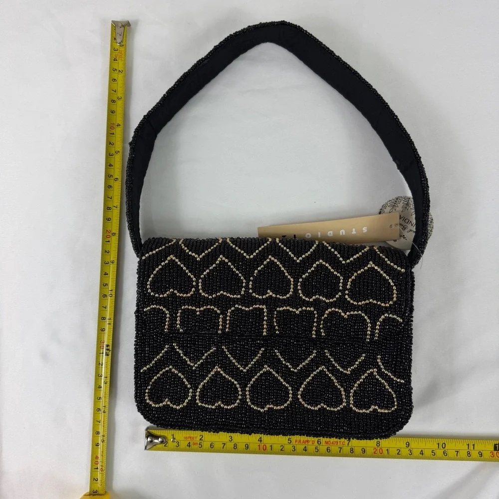 New Handcrafted Black Gold Beaded Heart Shoulder Bag Evening Purse‎ NWT